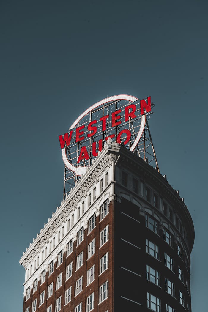 A striking view of the Western Auto building, an iconic landmark in Kansas City, under clear skies.