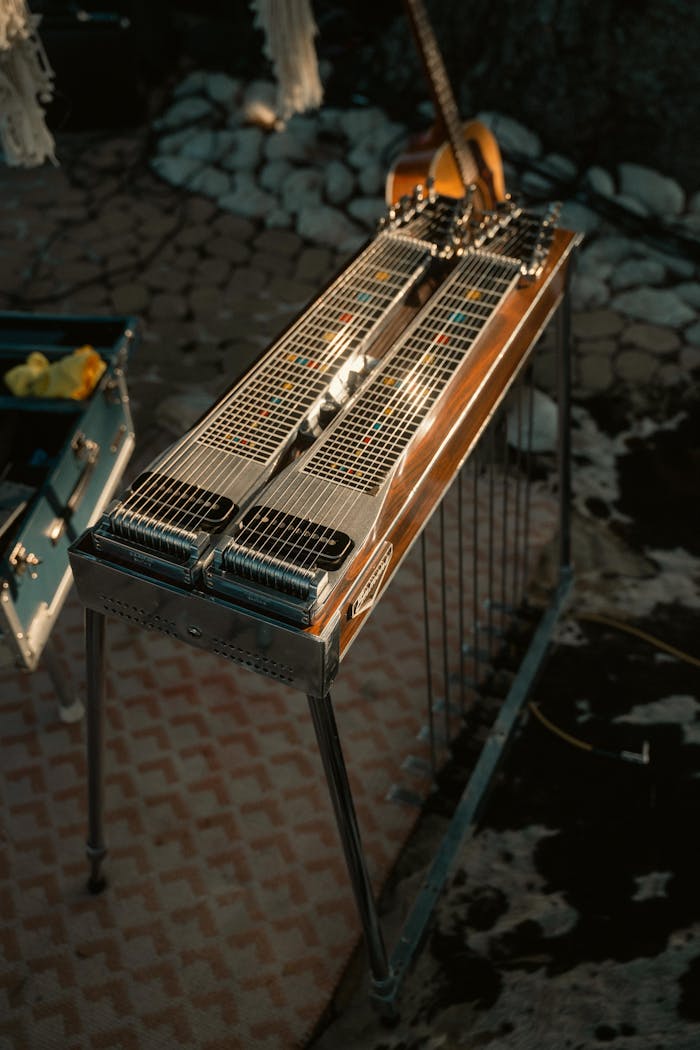 A pedal steel guitar in an outdoor setting, capturing its intricate details.